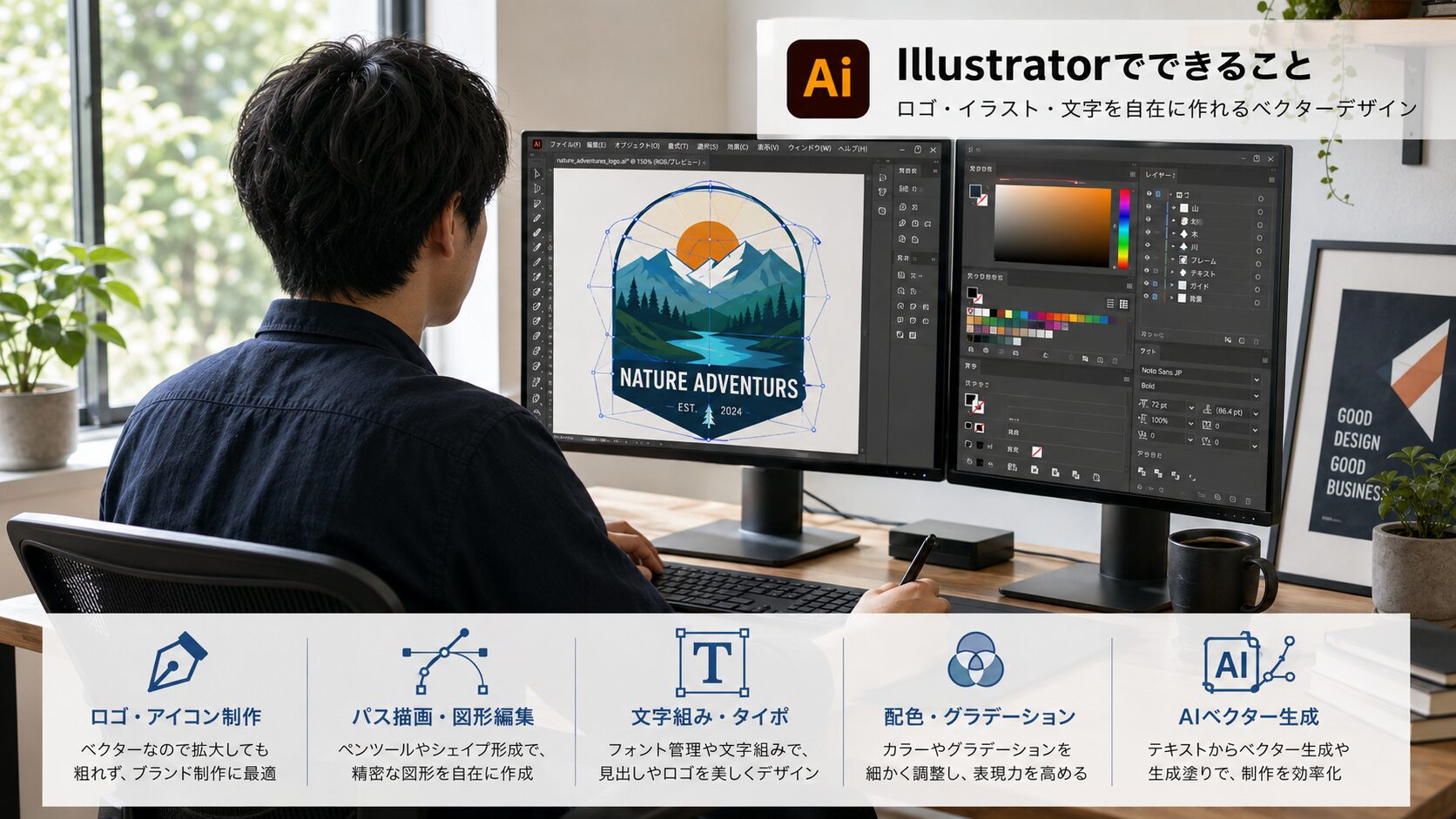自然光が差し込む作業スペースで、デュアルモニターを使いIllustratorで作業するデザイナーの後ろ姿