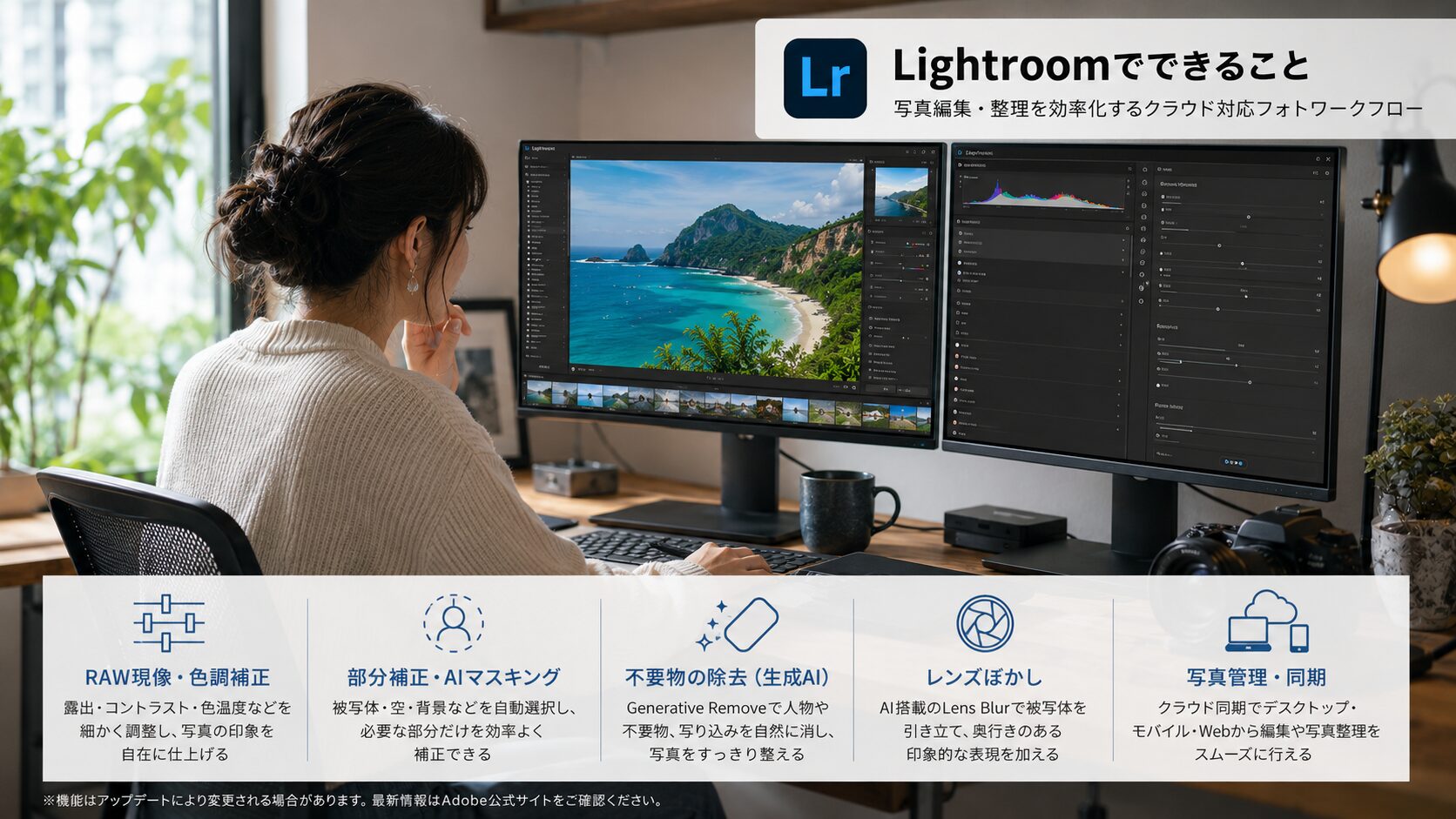 オフィスのテーブルでLightroomを使い写真編集をする20代女性