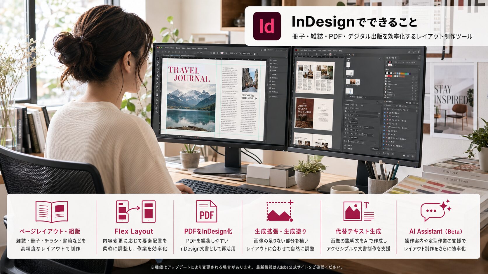 自宅のテーブルでPCを使いInDesignでDTP制作をする20代女性