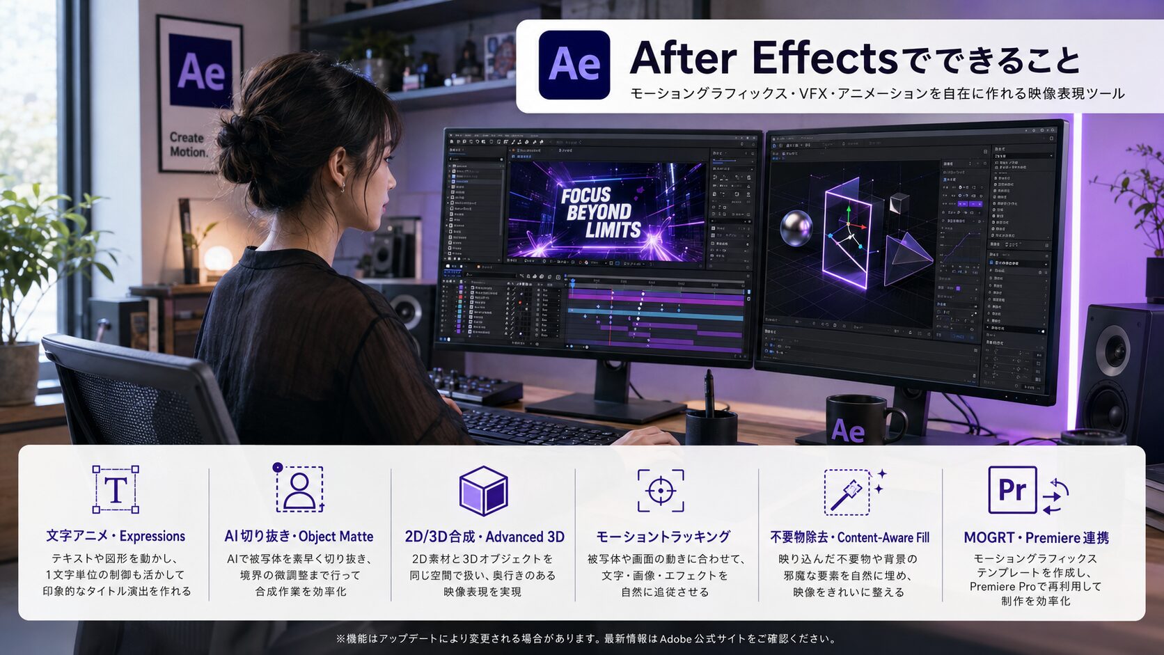 オフィスのテーブルでAfter Effectsを使い映像編集をする20代女性