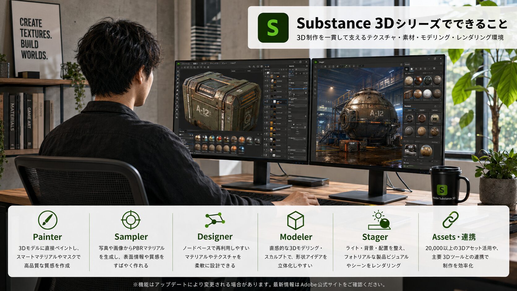 オフィスでSubstance 3Dシリーズを使って3D制作をしている男性