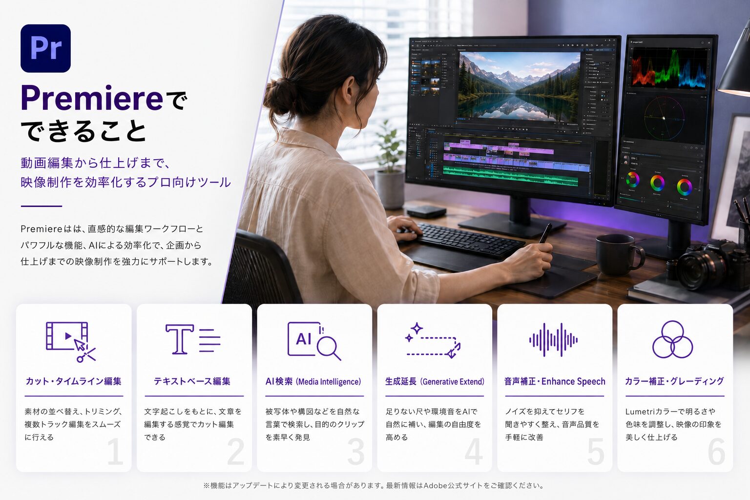 オフィスのテーブルでPremiereを使い動画編集をする20代女性
