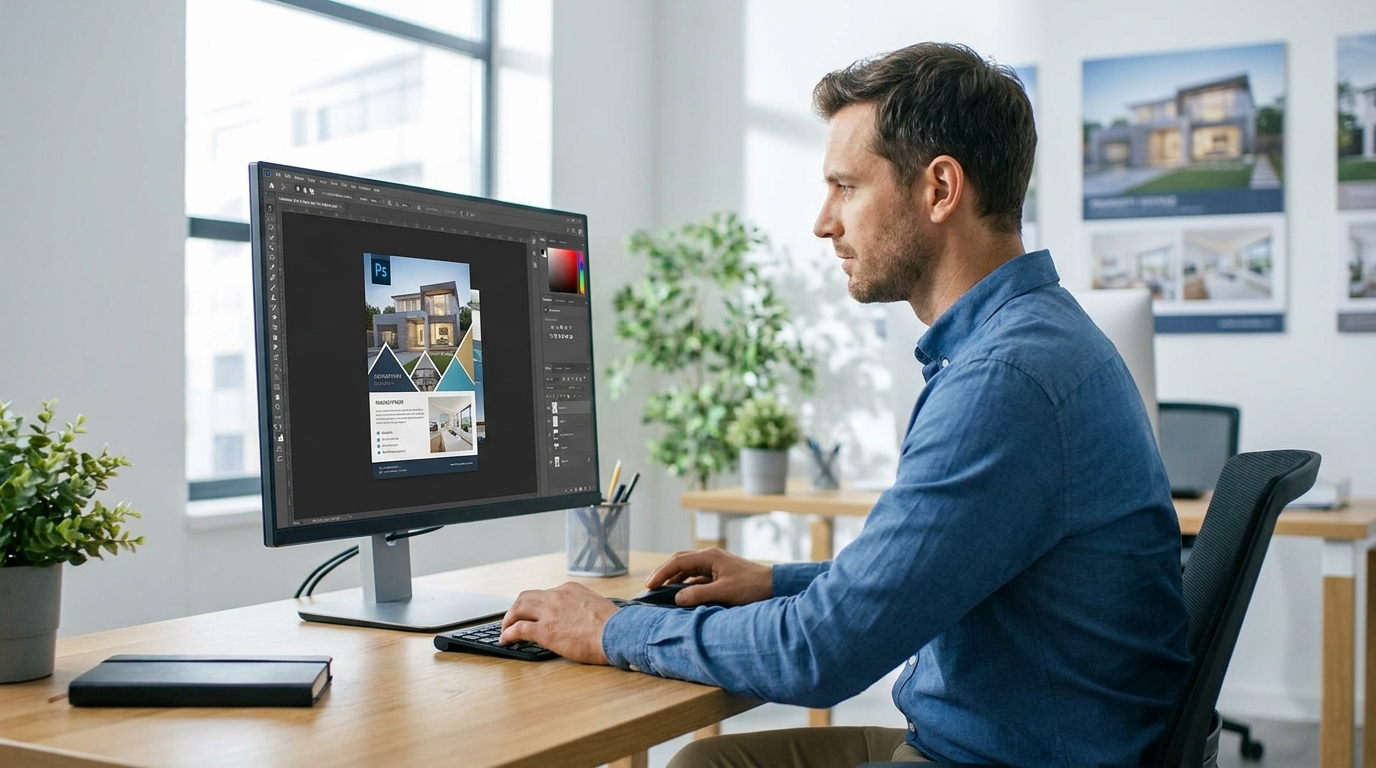 不動産会社のオフィスでパソコンに向かい物件チラシを制作する30代の男性スタッフ、画面にはPhotoshopが表示されている