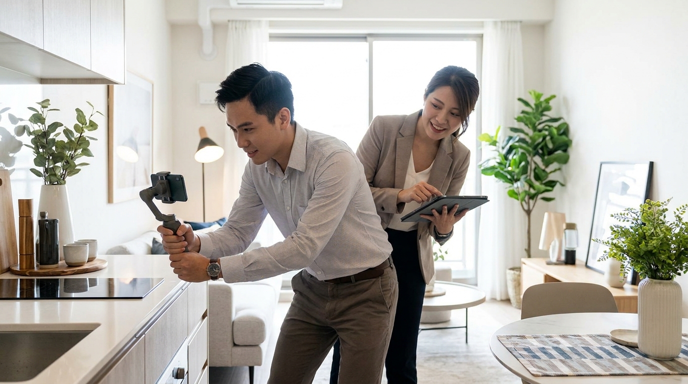 スマートフォンで物件動画を撮影する男性スタッフと、それを後ろで確認する女性スタッフがいるモデルルームの内観