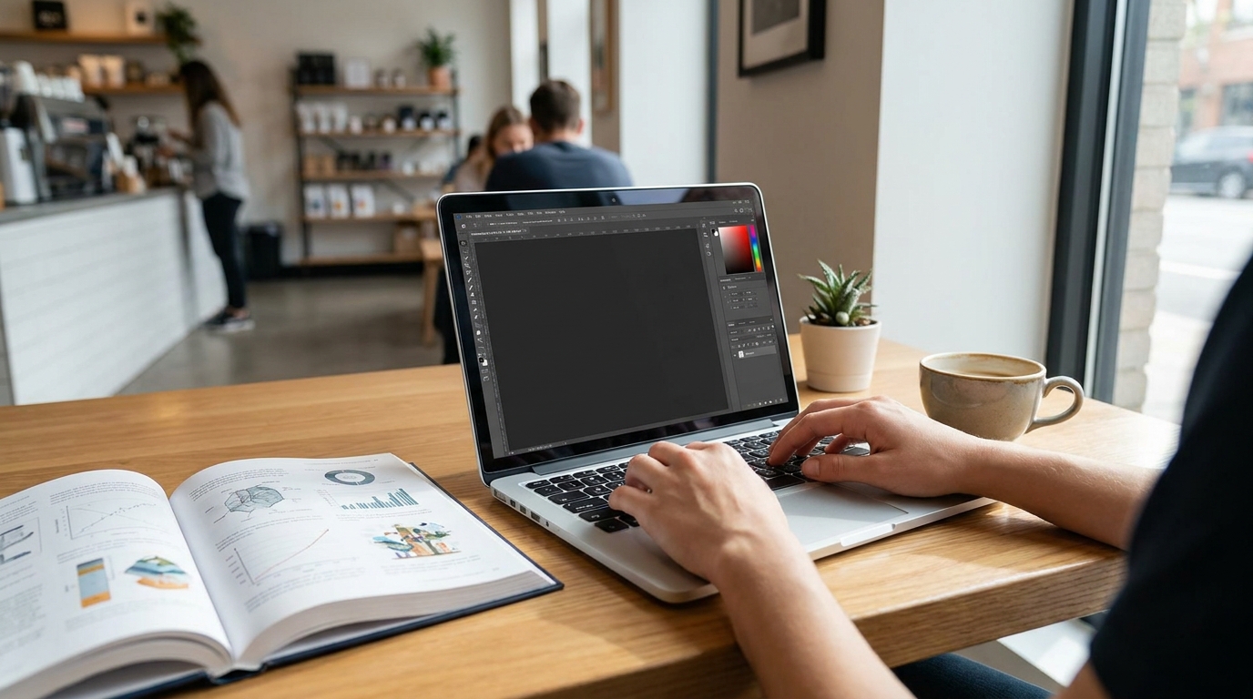 ノートパソコンでPhotoshopやIllustratorを操作している大学生の手元と、開かれた教科書のあるカフェの机