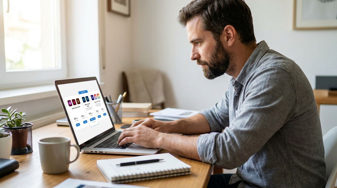ノートパソコンでAdobe Creative Cloudのプラン選択画面を真剣に見つめる30代の個人事業主男性、自宅オフィスの机の上