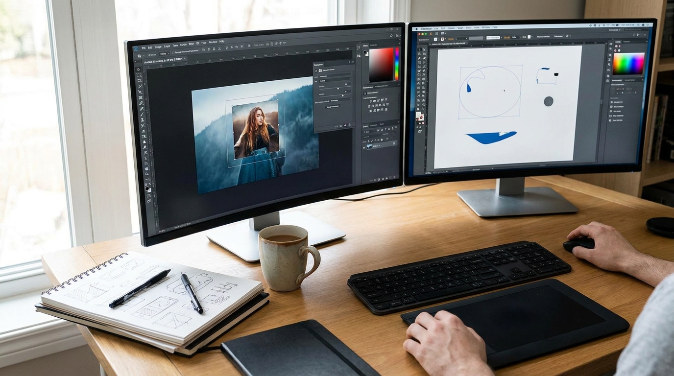 PhotoshopとIllustratorで作業しているデュアルモニターのデスク、コーヒーカップとデザインスケッチが置かれた創作的なワークスペース