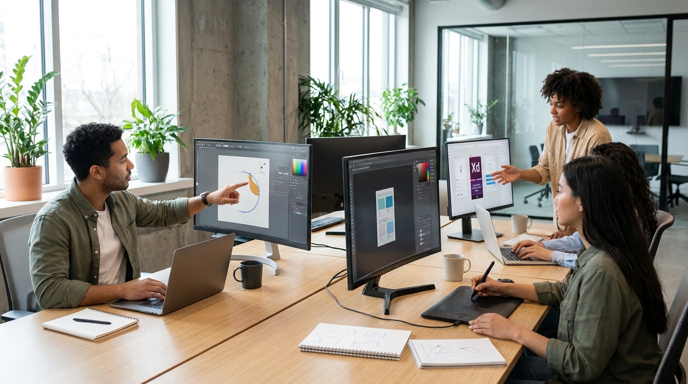 モダンなオフィスで複数のデザイナーがAdobeソフトを使ってチームで作業している様子、ノートPCと大型モニターが並ぶ風景