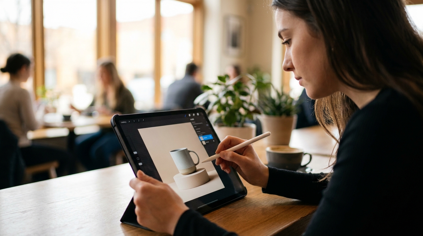 タブレット端末でAI生成された商品写真を編集する若手デザイナー、背景にカフェの落ち着いた雰囲気