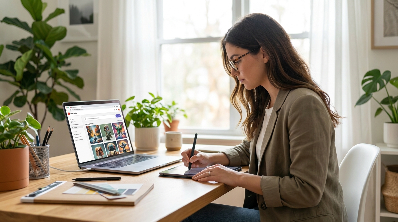 パソコンでAdobe Fireflyの画像生成画面を操作する20代女性デザイナー、明るいクリエイティブオフィス