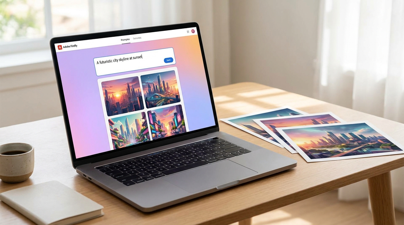 Adobe Fireflyのプロンプト入力画面を表示したノートパソコンと、生成された複数の画像サンプル