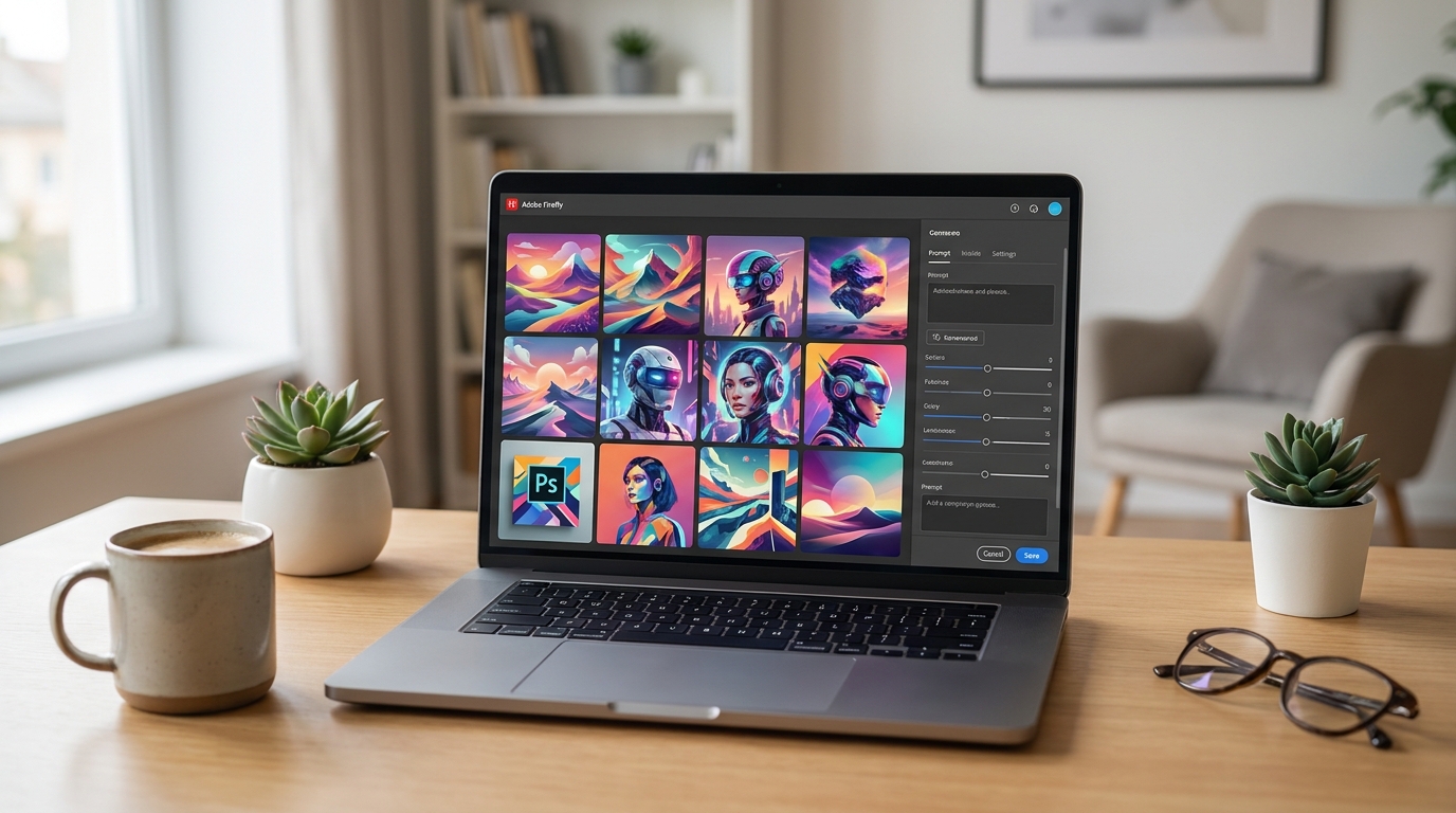 ノートパソコン画面に表示されたAdobe Fireflyのインターフェースとカラフルな生成画像のサンプル