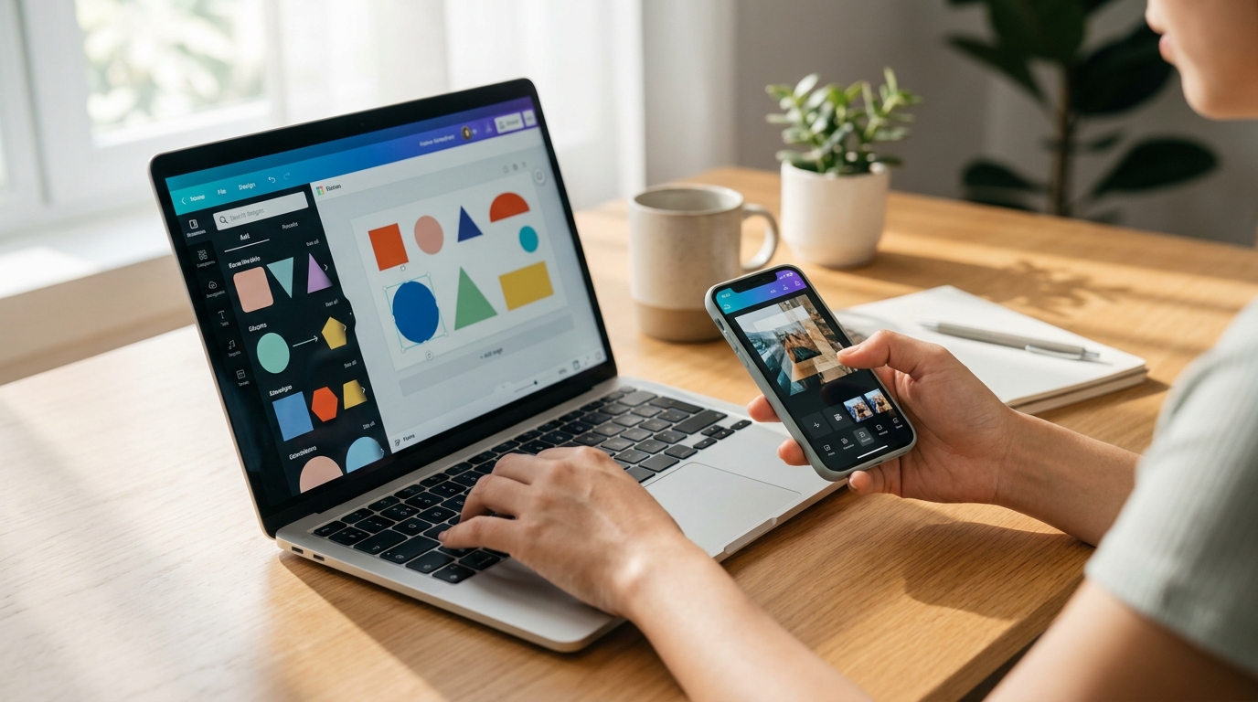 ノートパソコンとスマートフォンを並べてAdobe Expressでデザイン作業をする20代女性の手元と画面