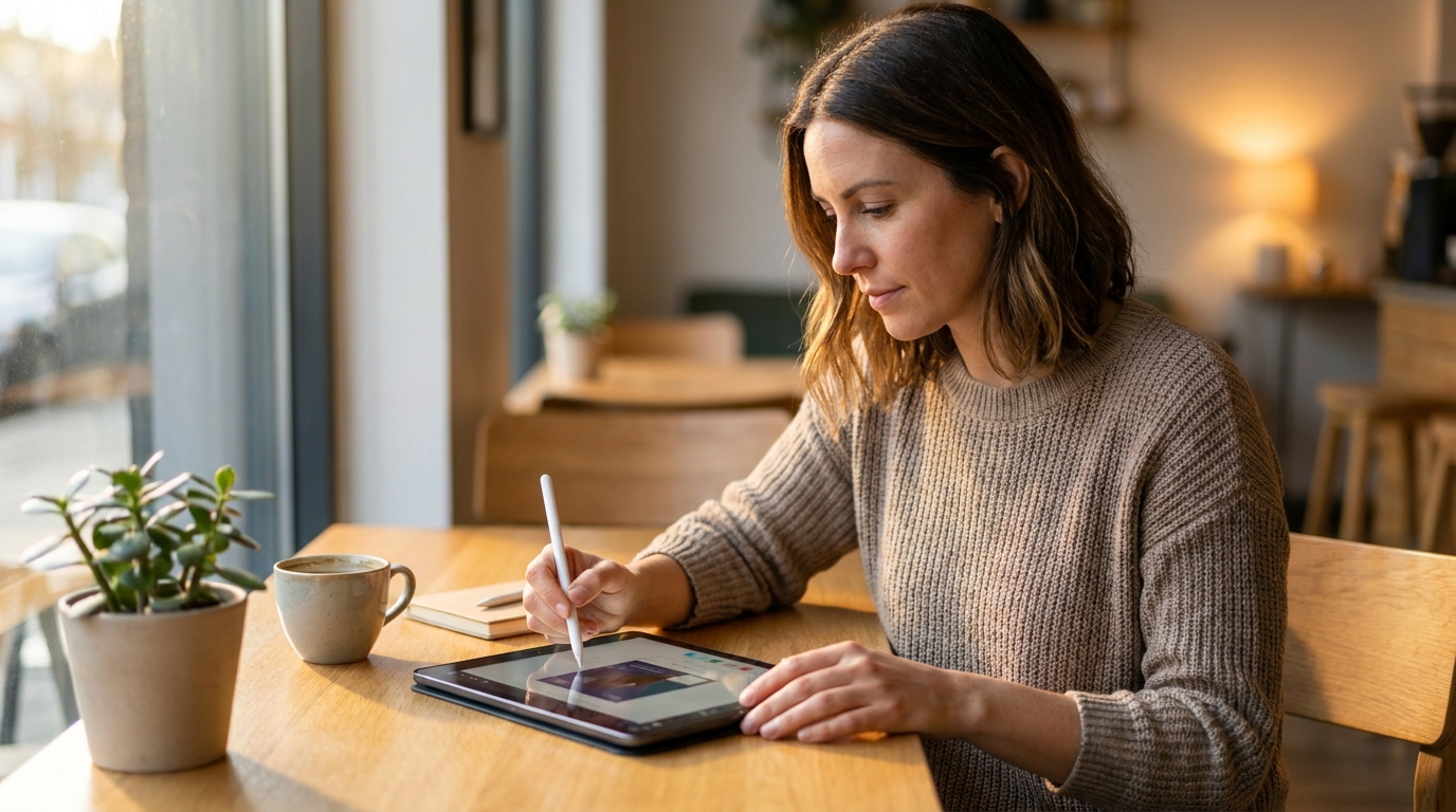 カフェのテーブルでタブレットを使いSNS用バナーをデザインする30代フリーランス女性、自然光のあたたかい雰囲気