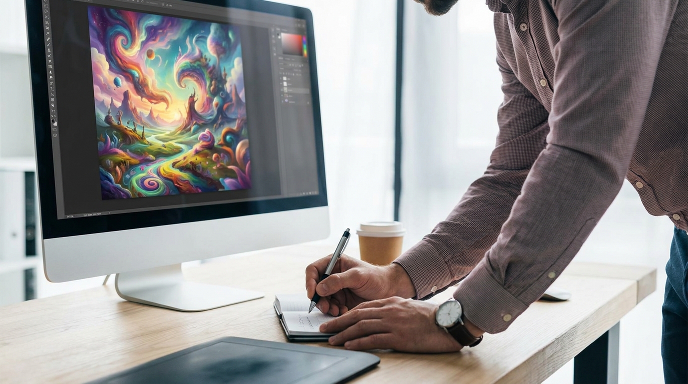 モニター画面に表示されたAdobe Fireflyの生成AI画像と、レビューしながらメモを取るビジネスパーソンの手