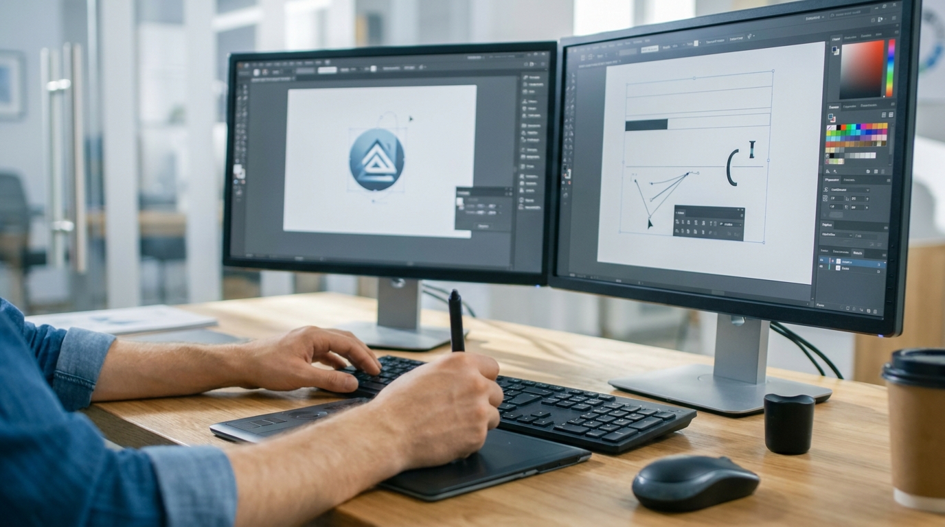 デュアルモニターでPhotoshopとIllustratorを開きロゴデザインを制作している男性デザイナーの手元のクローズアップ
