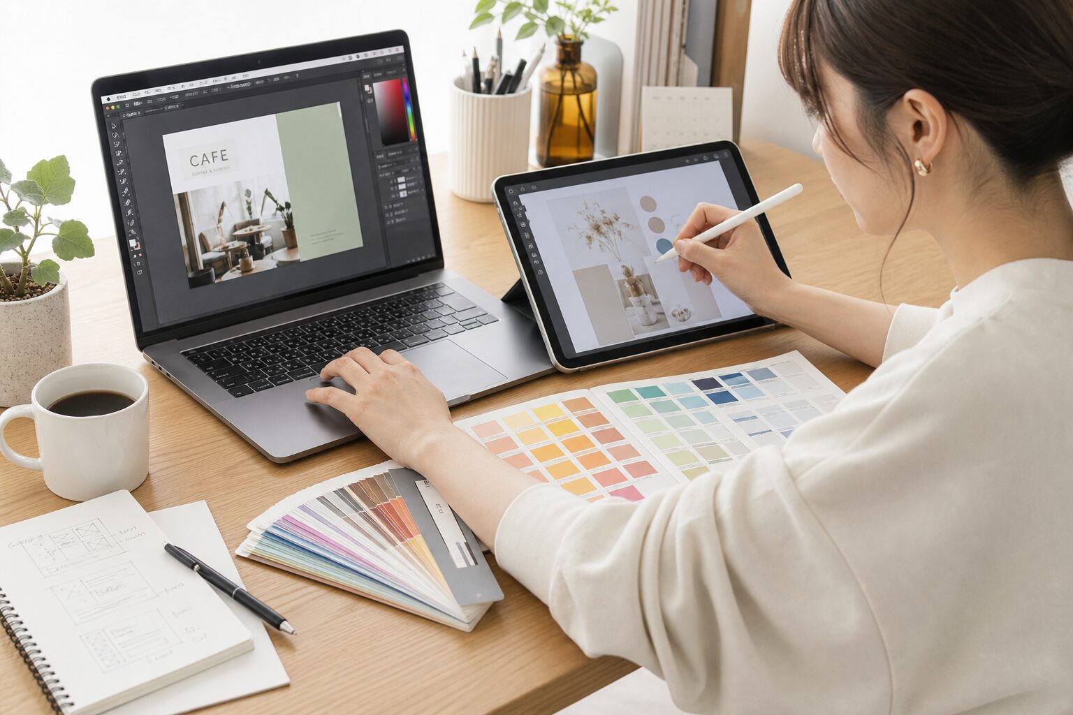 ノートパソコンとタブレットでデザイン作業をする20代女性クリエイターの手元、デスクには色見本帳とコーヒーカップ