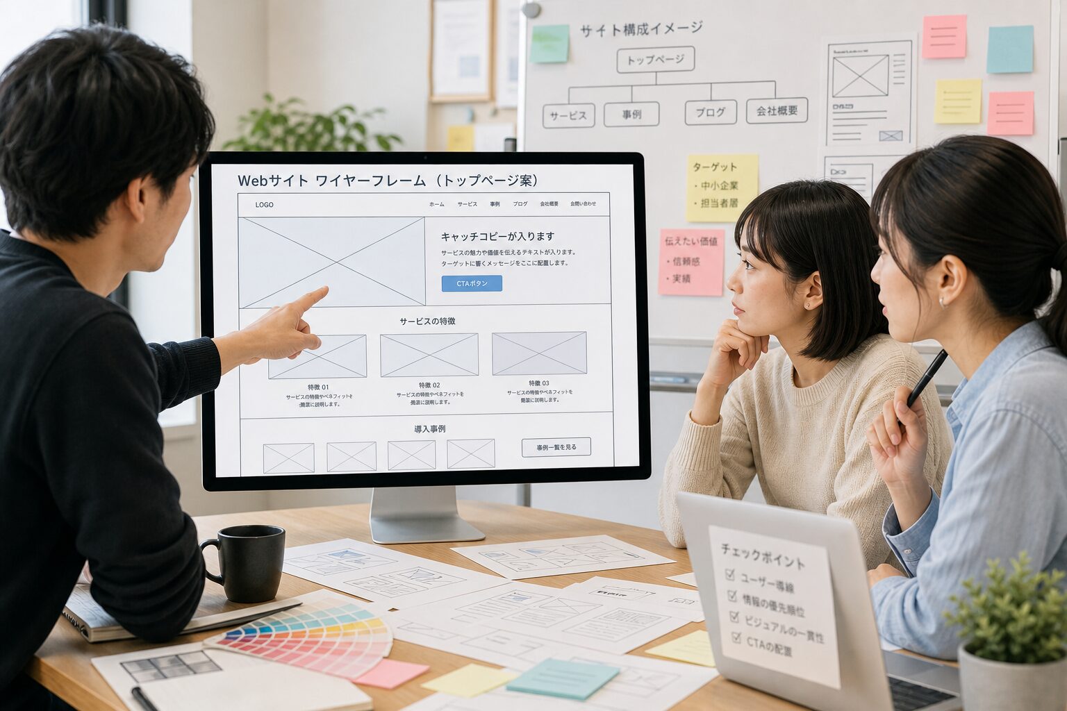 モニターに表示されたWebサイトのワイヤーフレームと、それを指差しながら議論する3人のデザイナーチーム