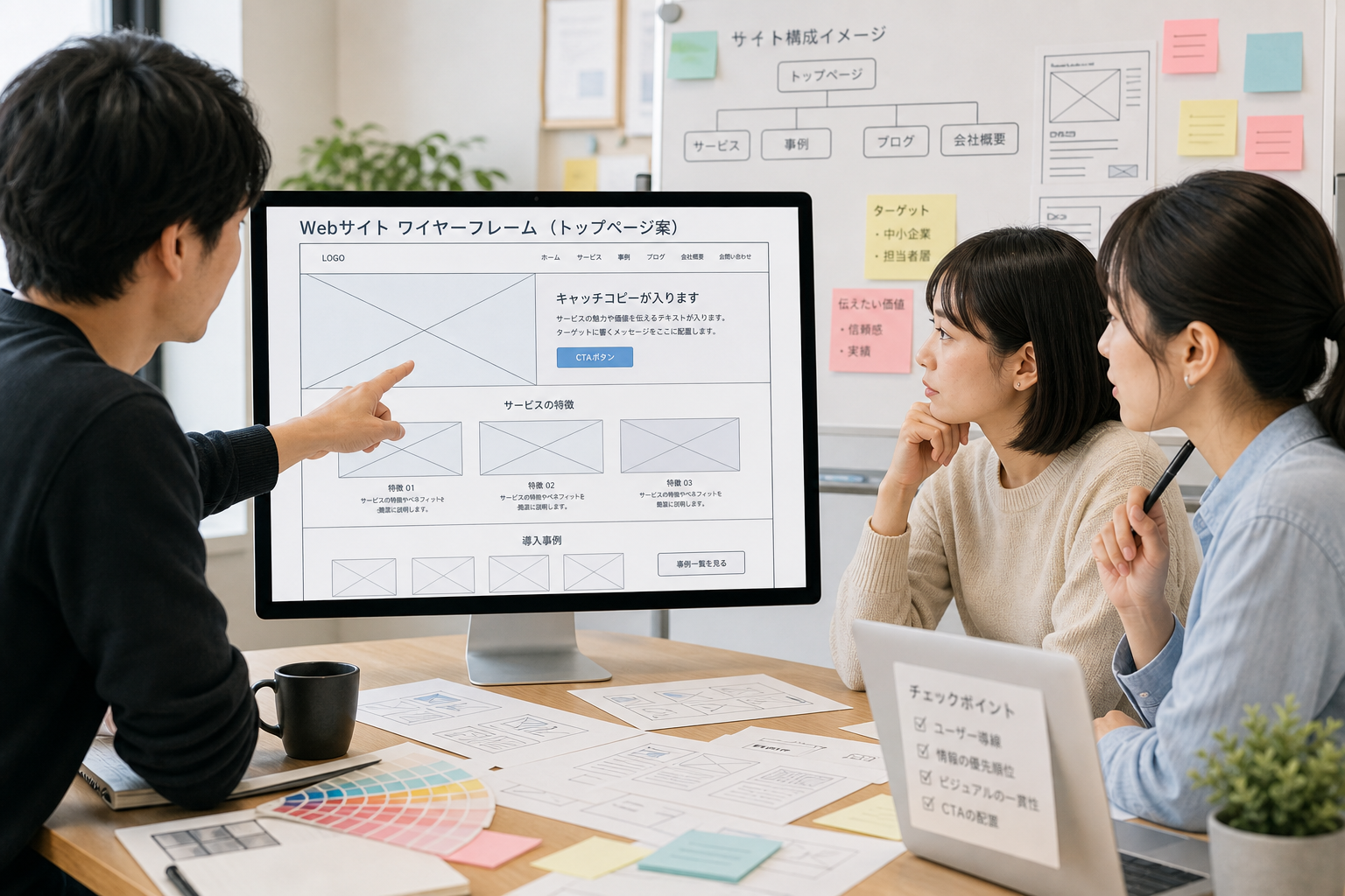 モニターに表示されたWebサイトのワイヤーフレームと、それを指差しながら議論する3人のデザイナーチーム