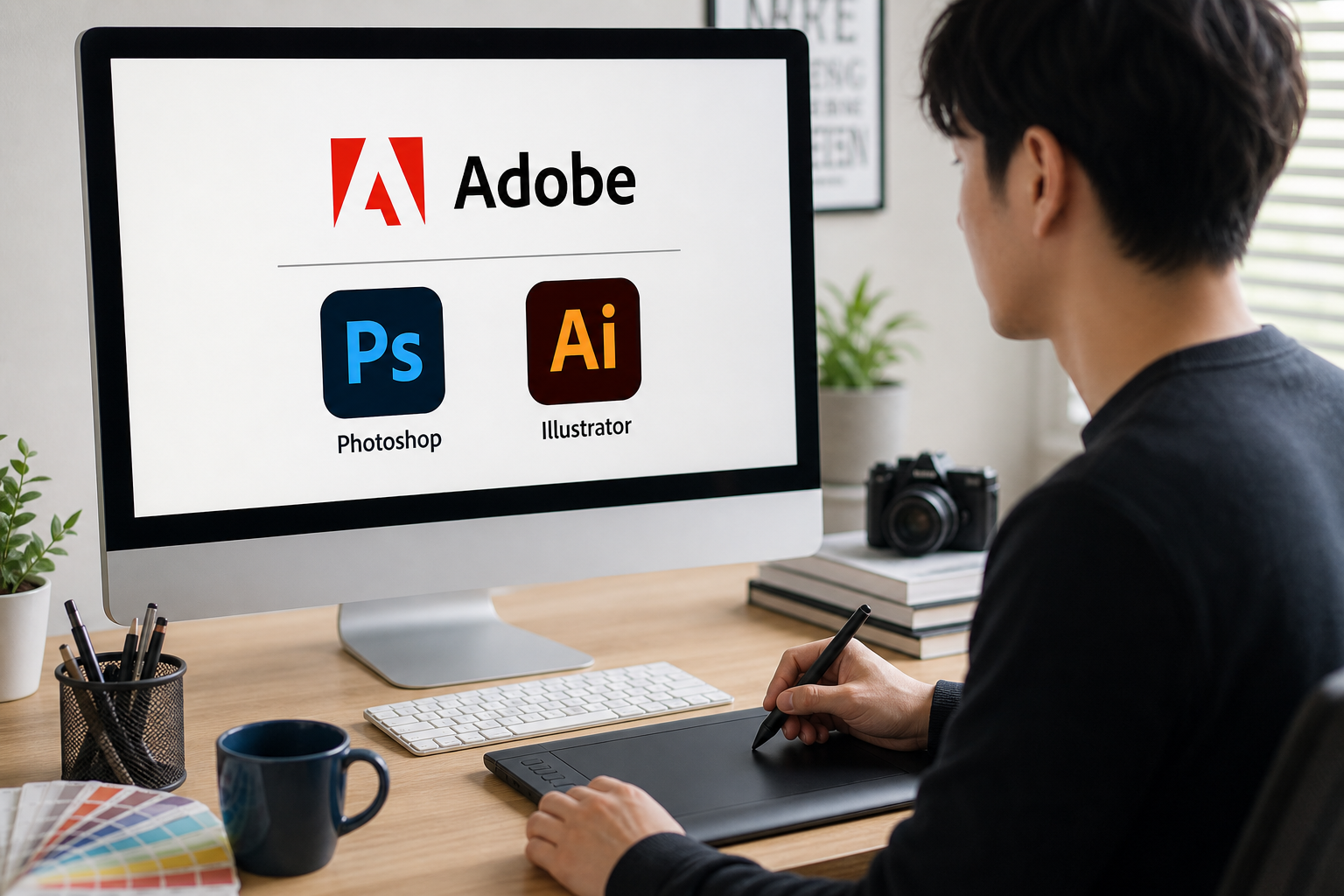 AdobeのロゴとPhotoshop・Illustratorのアイコンが表示されたモニター画面、その前でタブレットペンを持つデザイナー