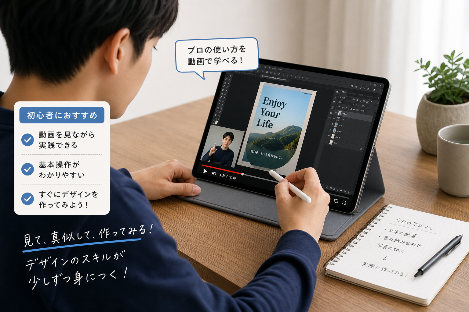 チュートリアル動画を見ながらタブレットでデザインの練習をする初心者の若い男性、横にはノートとペン