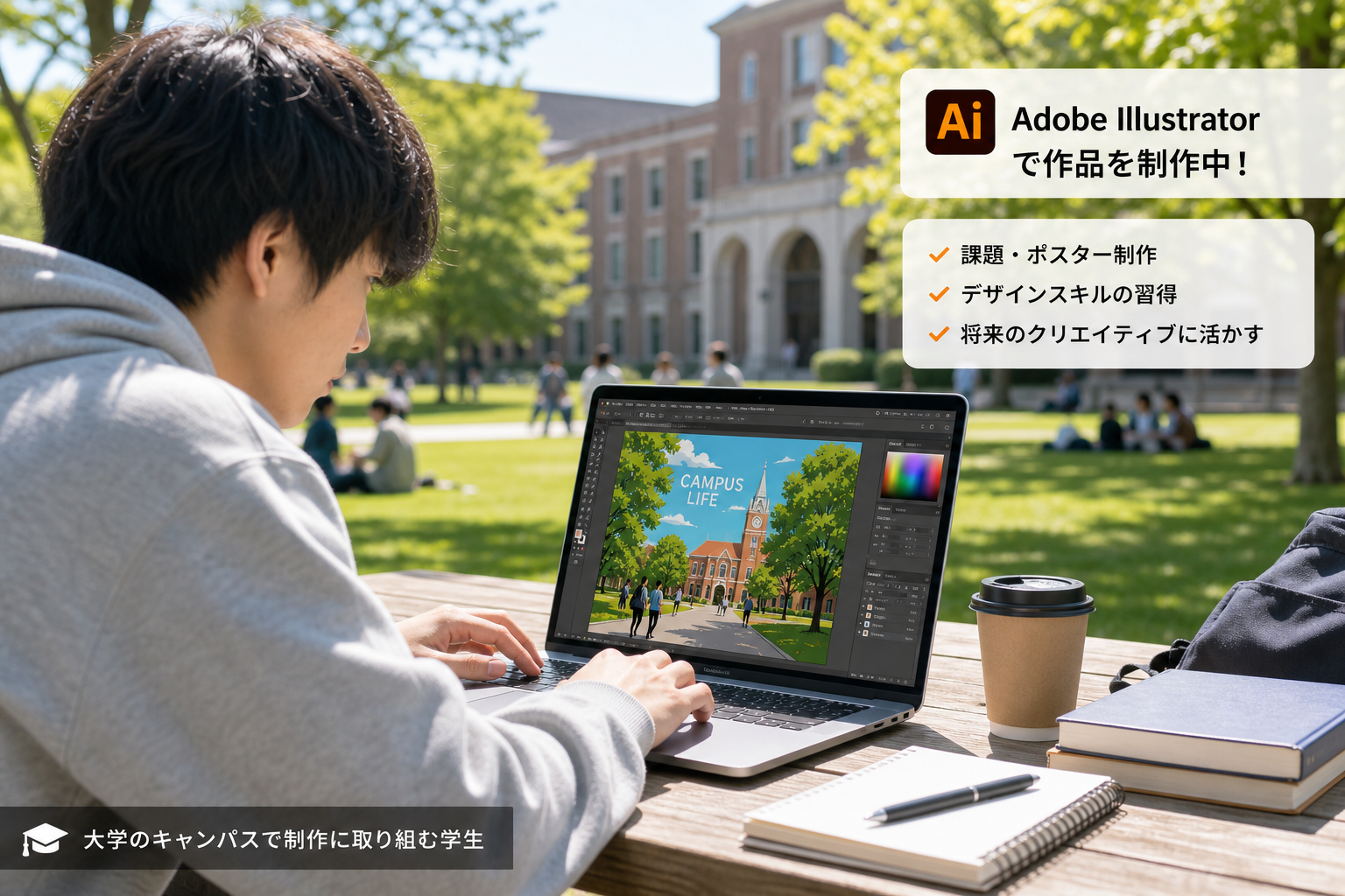 大学のキャンパスでノートパソコンを開き、Adobe Illustratorで作品を制作している学生