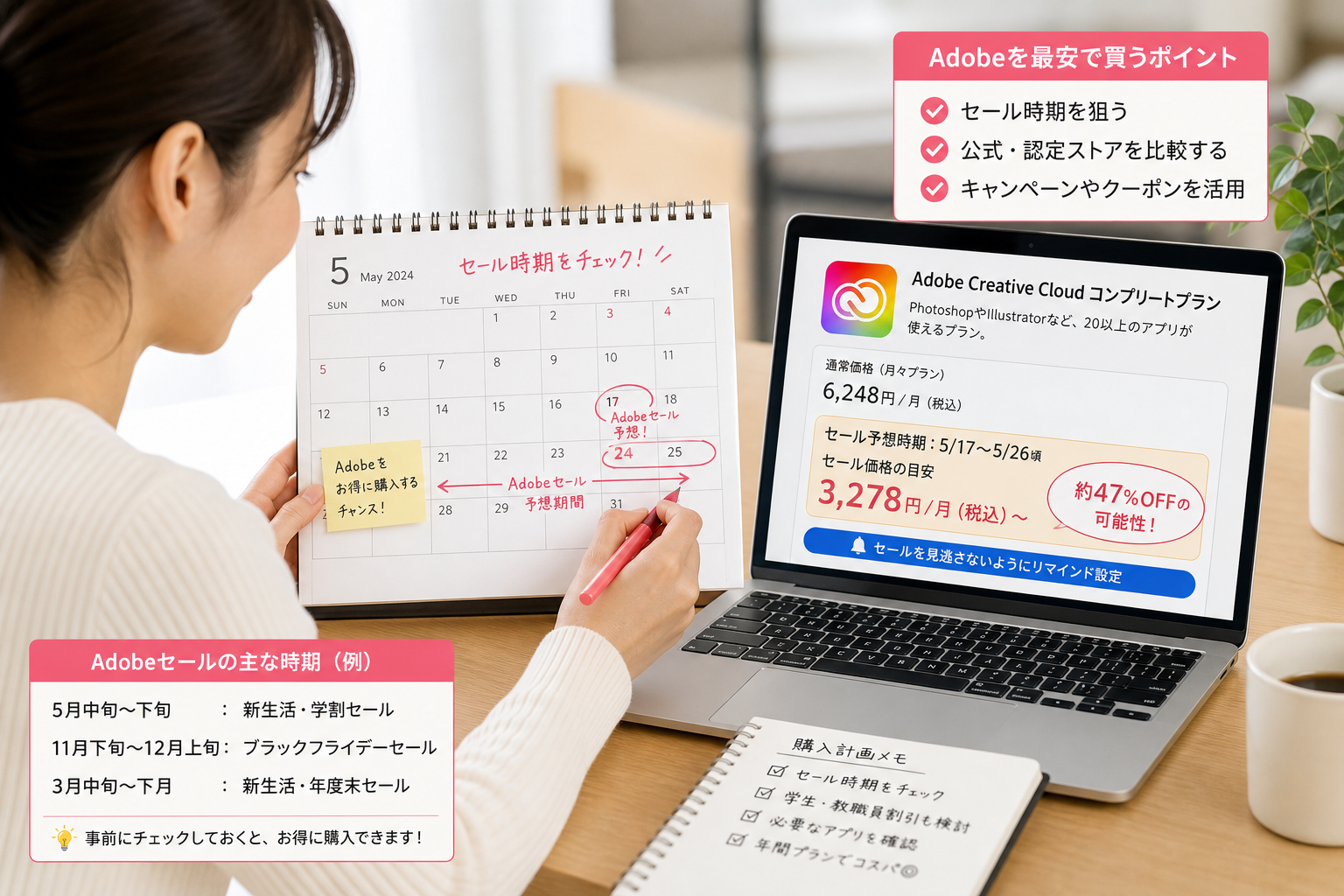 カレンダーにセール時期をマーキングしながらパソコンで購入計画を立てている女性