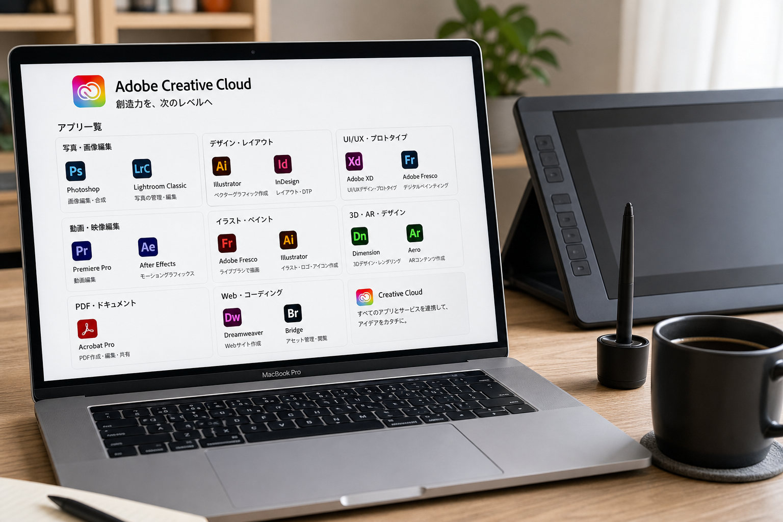 モダンなデスクに置かれたMacBookの画面に映るAdobe Creative Cloudのアプリ一覧と、傍らに置かれた液晶タブレットとコーヒーカップ