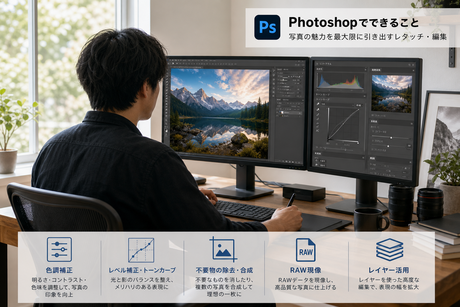 自然光が差し込む作業スペースで、デュアルモニターを使いPhotoshopで風景写真をレタッチするフォトグラファーの後ろ姿