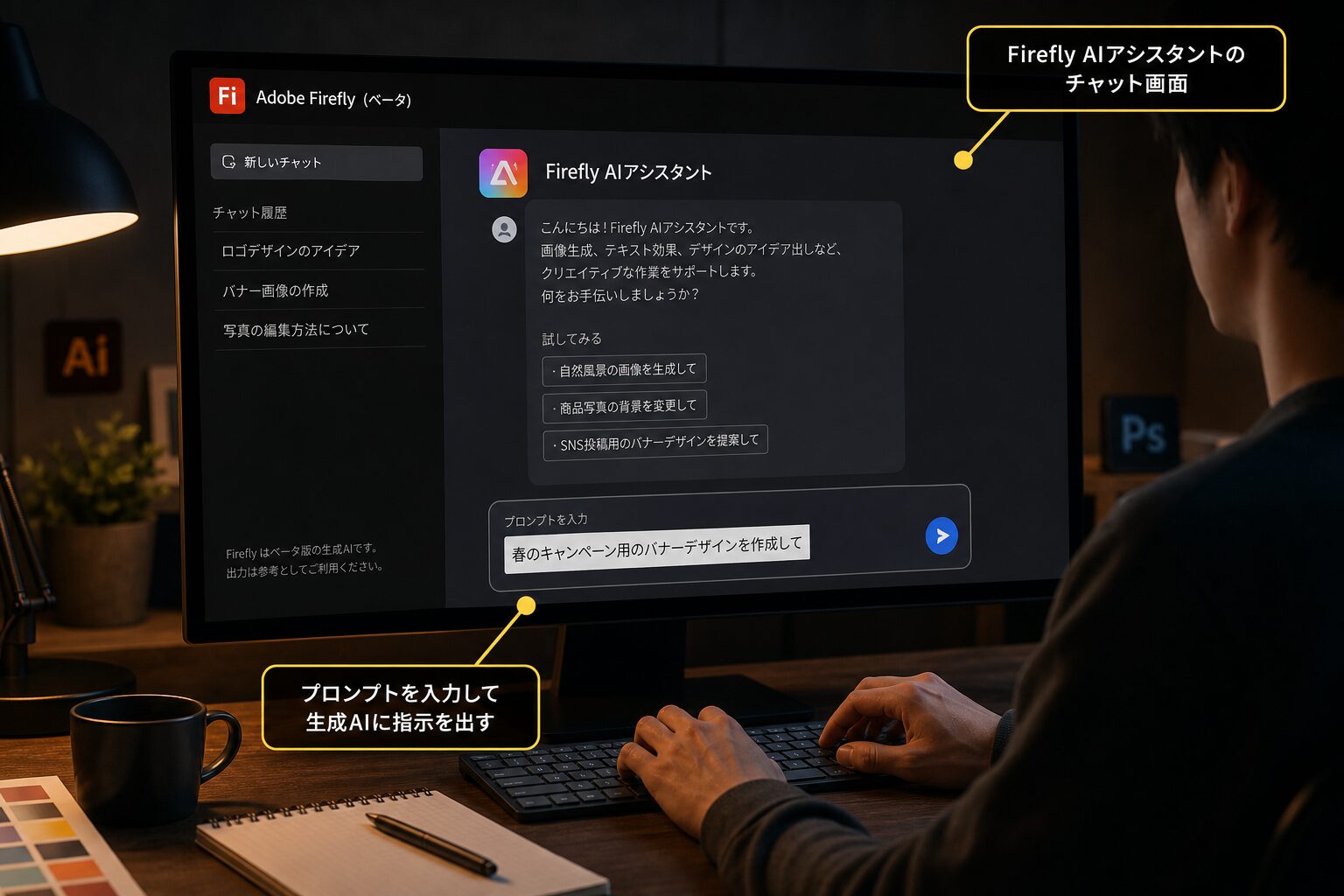 暗めの部屋で大型ディスプレイにFirefly AIアシスタントのチャット画面を表示し、プロンプトを入力するデザイナーの手元