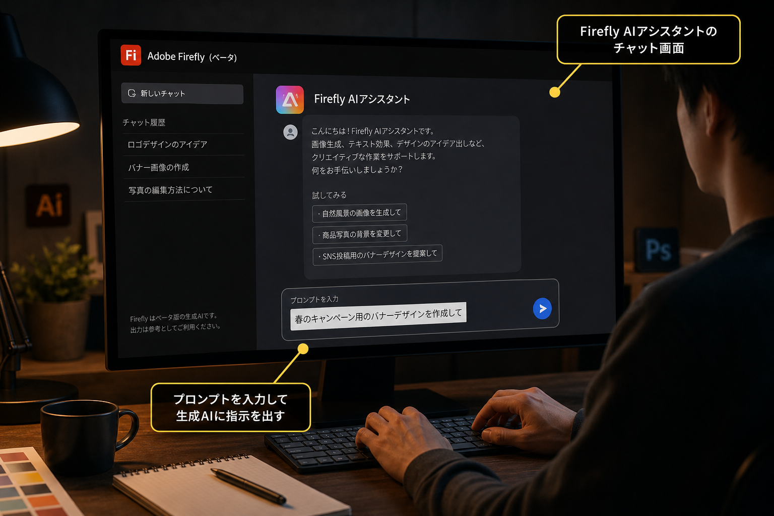 暗めの部屋で大型ディスプレイにFirefly AIアシスタントのチャット画面を表示し、プロンプトを入力するデザイナーの手元