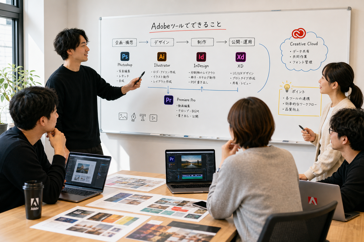 会議室で複数のクリエイターがホワイトボードを囲みAdobe製品の活用方法を議論している様子
