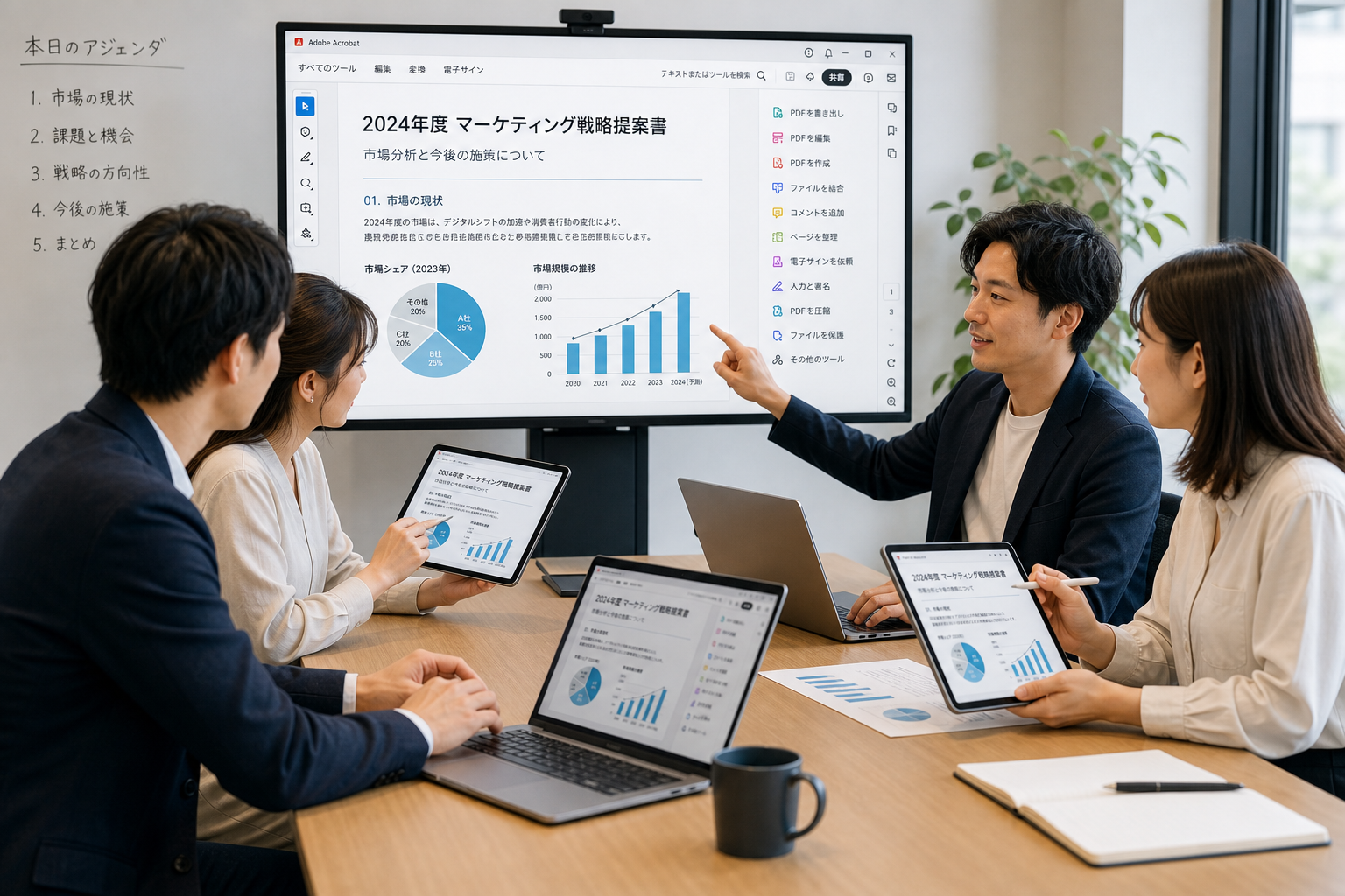 会議室で複数人がタブレットとノートパソコンを使ってPDF資料を共有し議論している様子