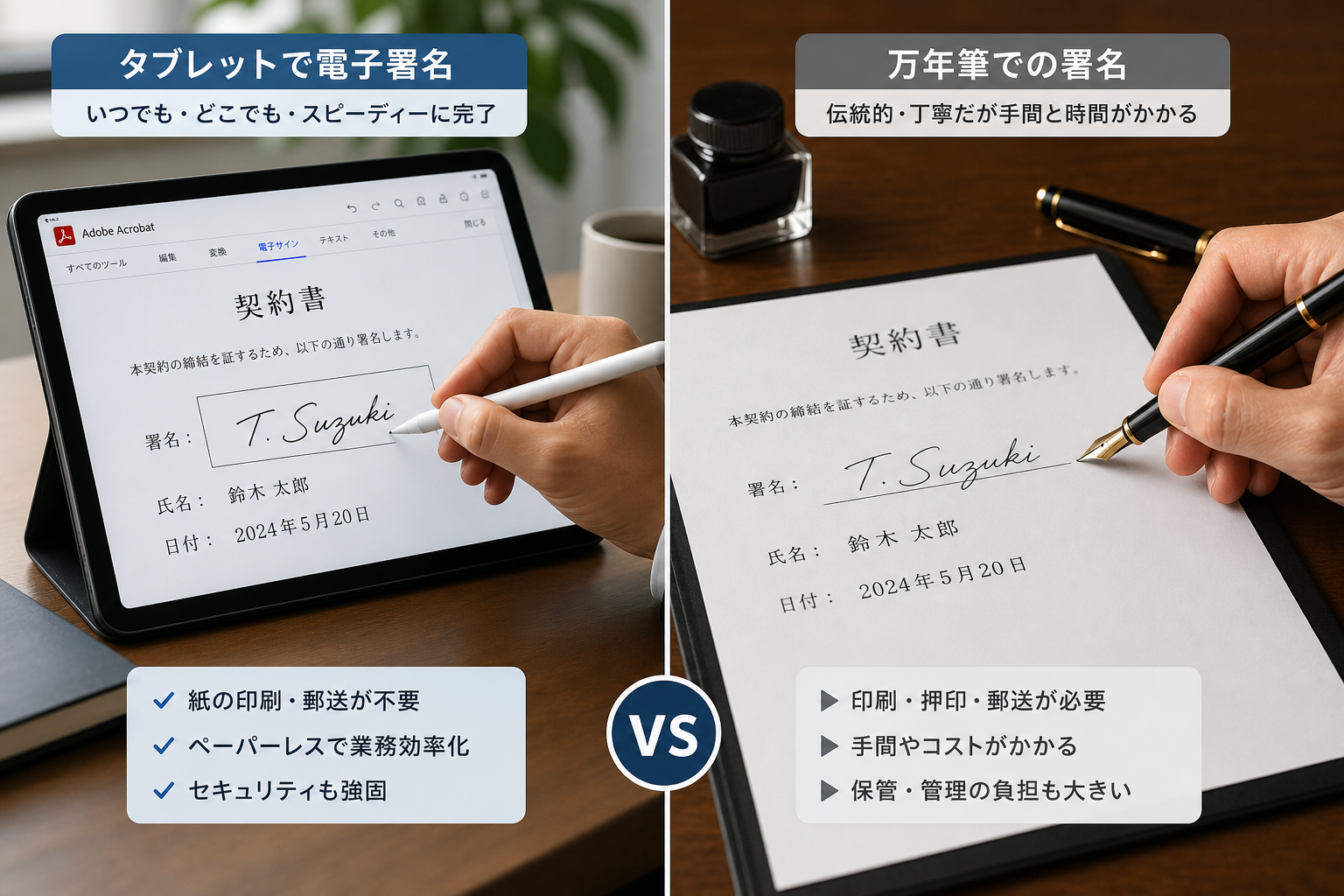タブレット端末上で電子署名を行うビジネスパーソンの手元と万年筆の対比