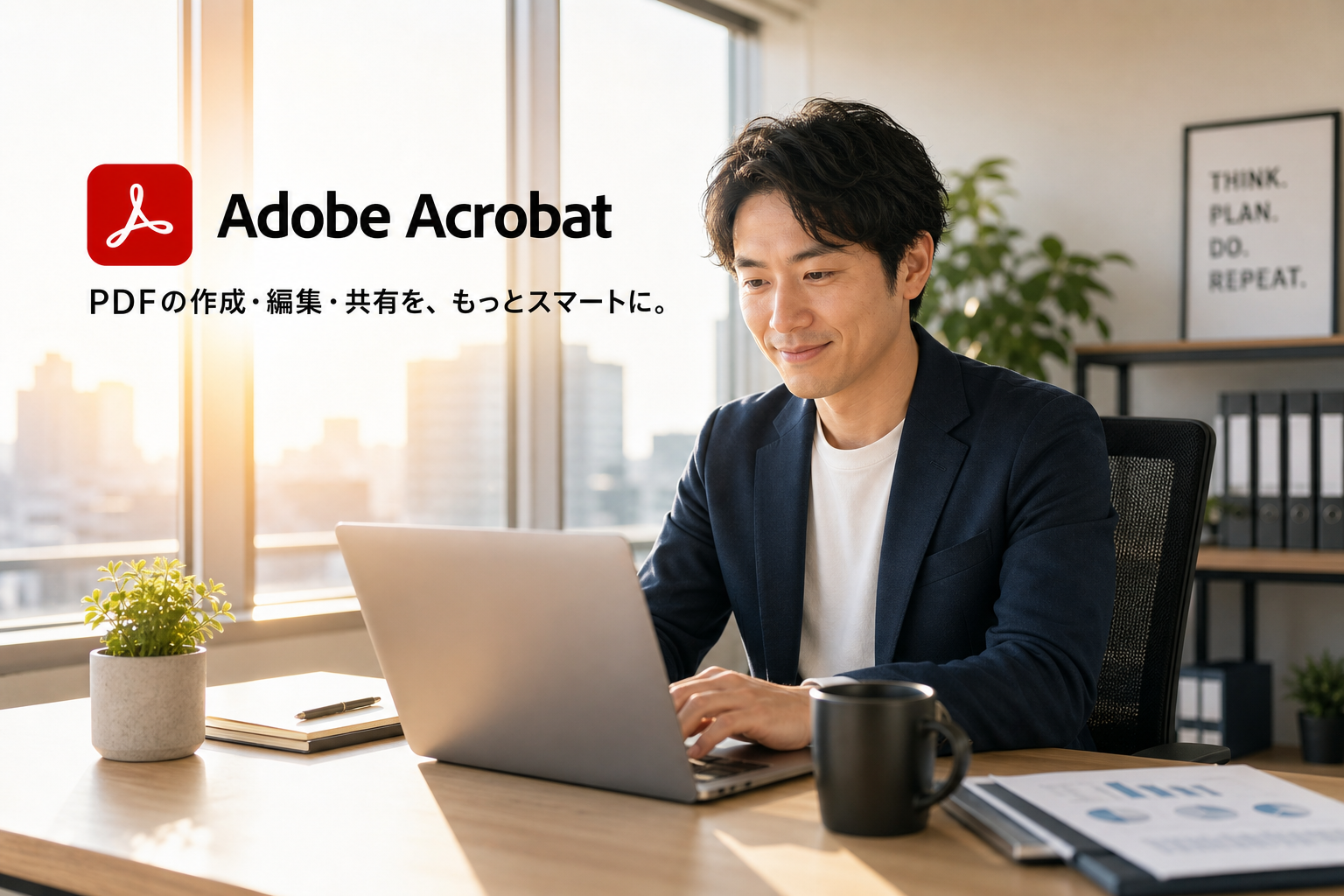 朝日が差し込むモダンなオフィスでパソコン作業をしながら微笑む30代の男性ビジネスパーソン
