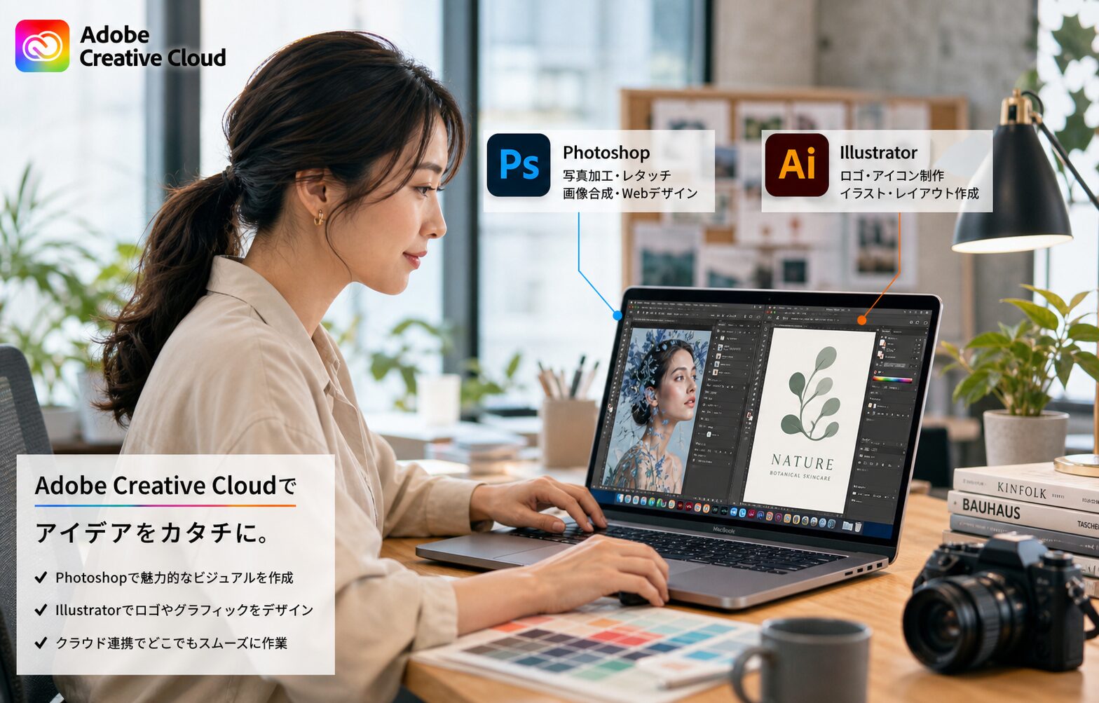 モダンなクリエイティブオフィスでMacBookに向かいPhotoshopとIllustratorを操作する30代女性デザイナー