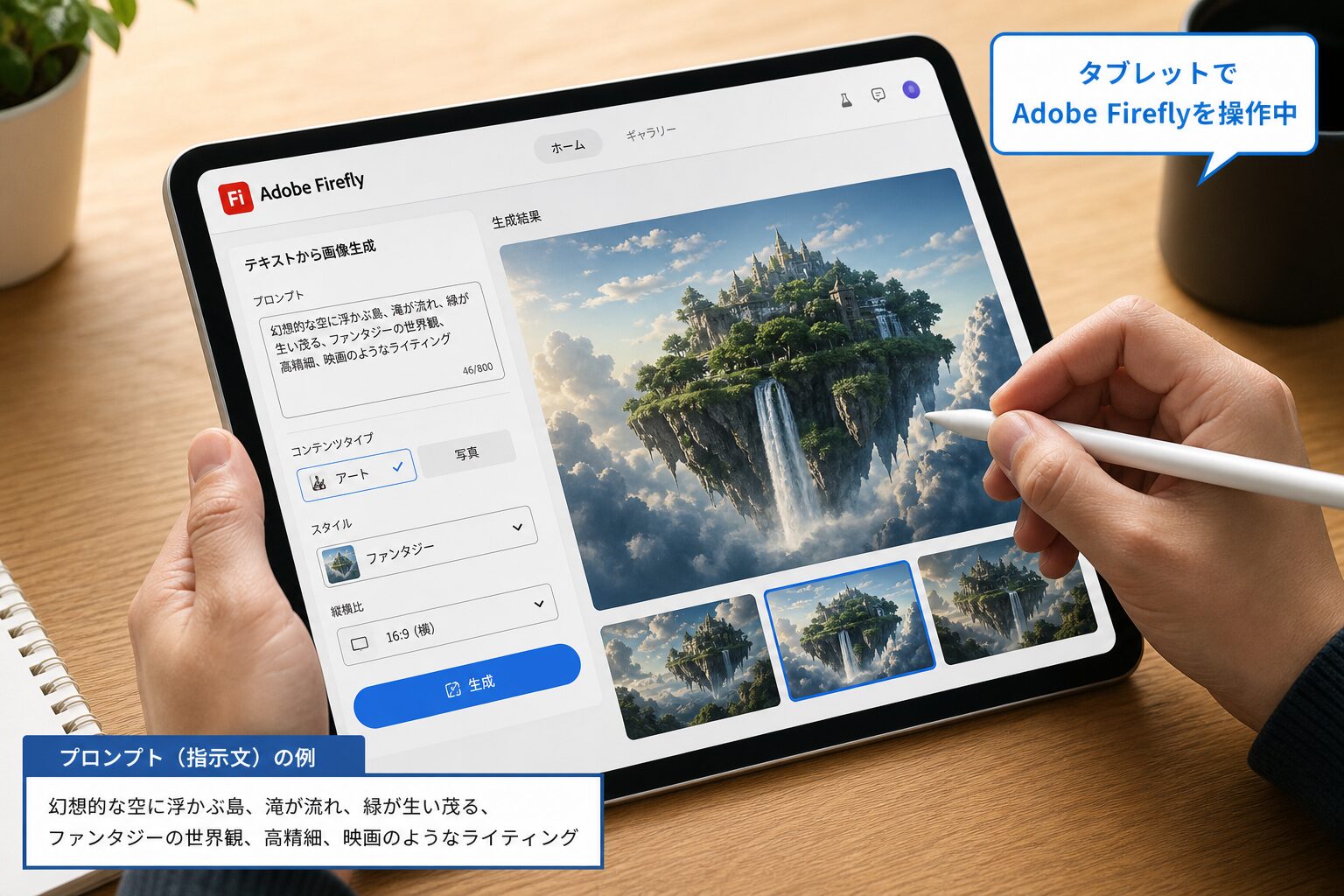タブレット端末でAdobe Fireflyを使ってテキストから画像を生成しているクリエイターの手元アップ