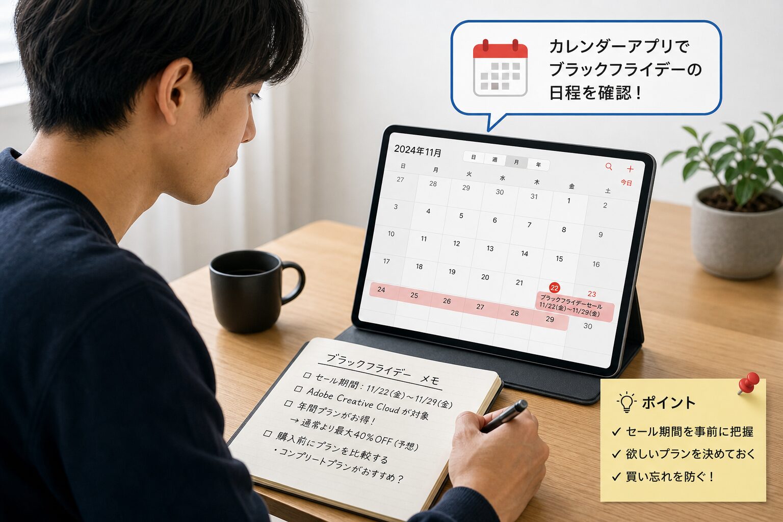 カレンダーアプリでブラックフライデーセールの日程を確認しながらメモを取る20代男性