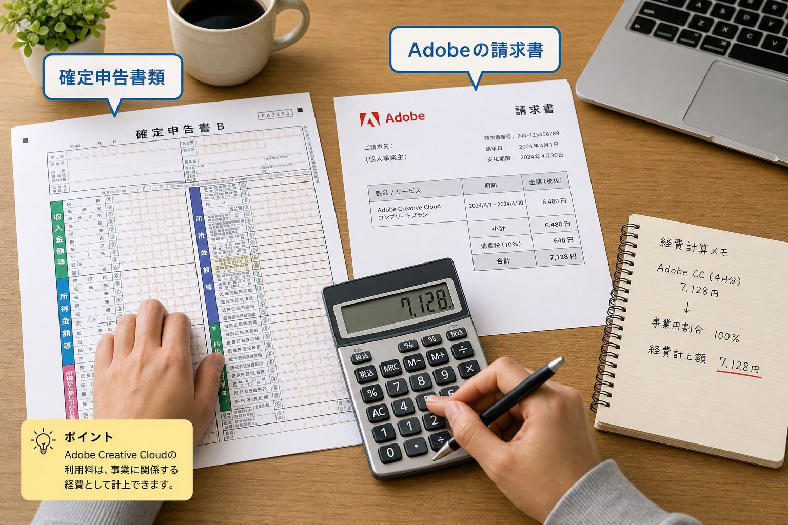 確定申告書類とAdobeの請求書を並べて電卓で経費を計算している個人事業主の机の様子