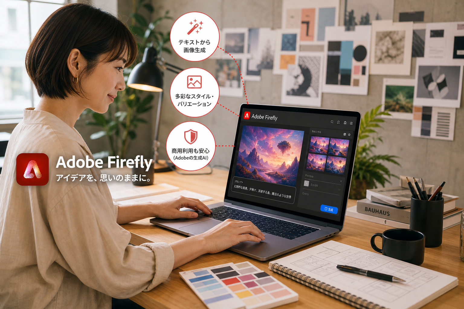 モダンなクリエイティブスタジオでノートパソコンに向かいAdobe Fireflyを使う30代女性デザイナーの横顔
