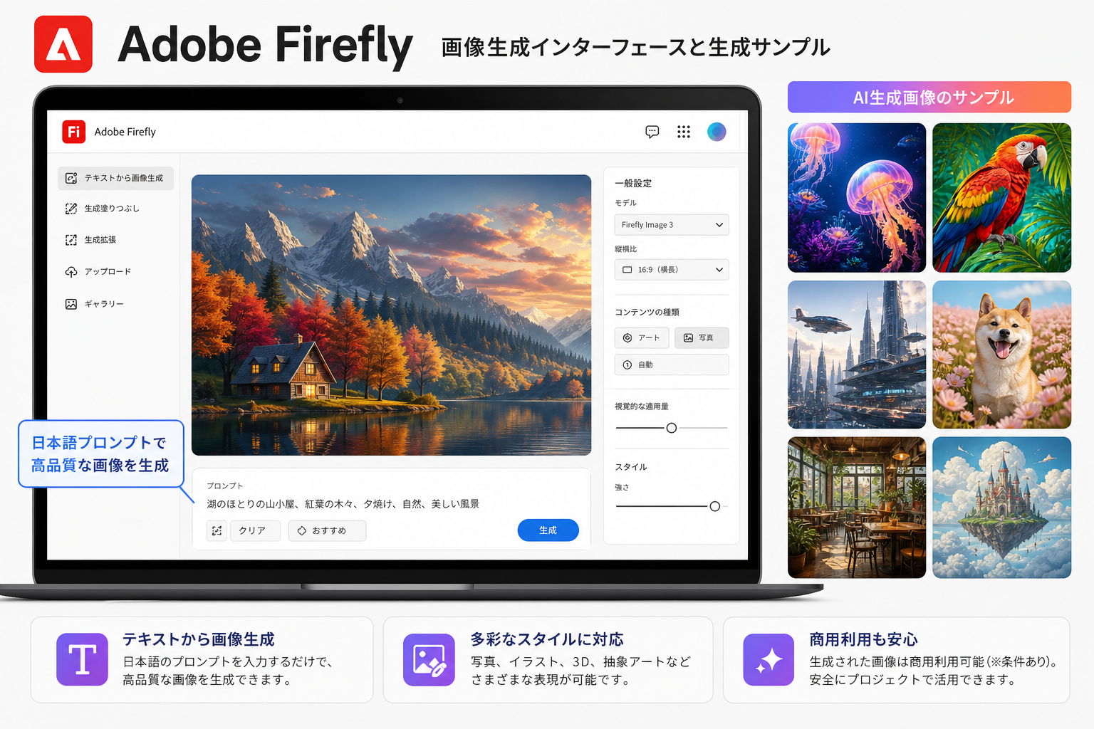 パソコン画面に表示されたAdobe Fireflyの画像生成インターフェースとカラフルなAI生成画像のサンプル