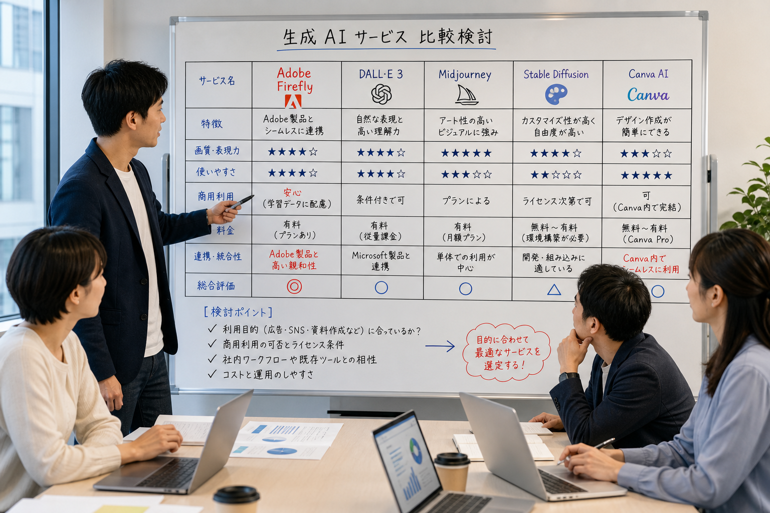 複数の生成AIサービスを比較検討する会議室のホワイトボードとビジネスチームの様子