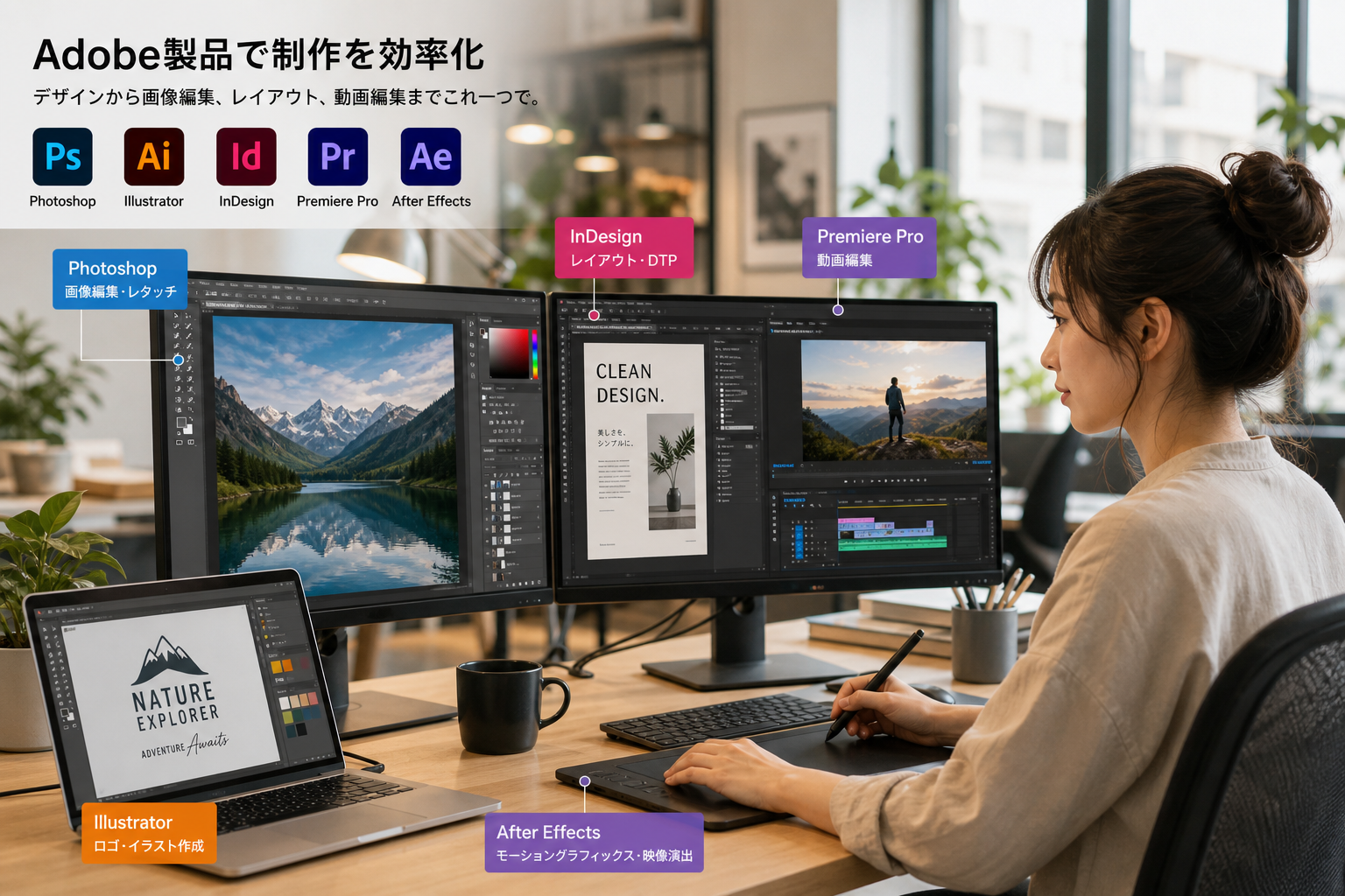 モダンなクリエイティブオフィスで複数のディスプレイにAdobe製品の画面を表示しながら作業する若い女性デザイナー