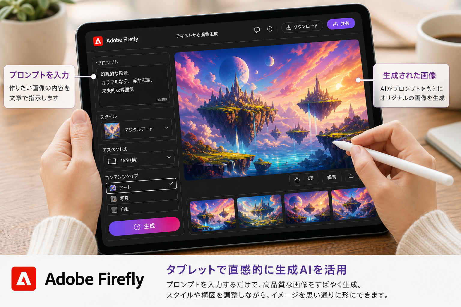 タブレット端末でAdobe Fireflyの生成AI画面を操作するクリエイターの手元と、生成されたカラフルなアート画像