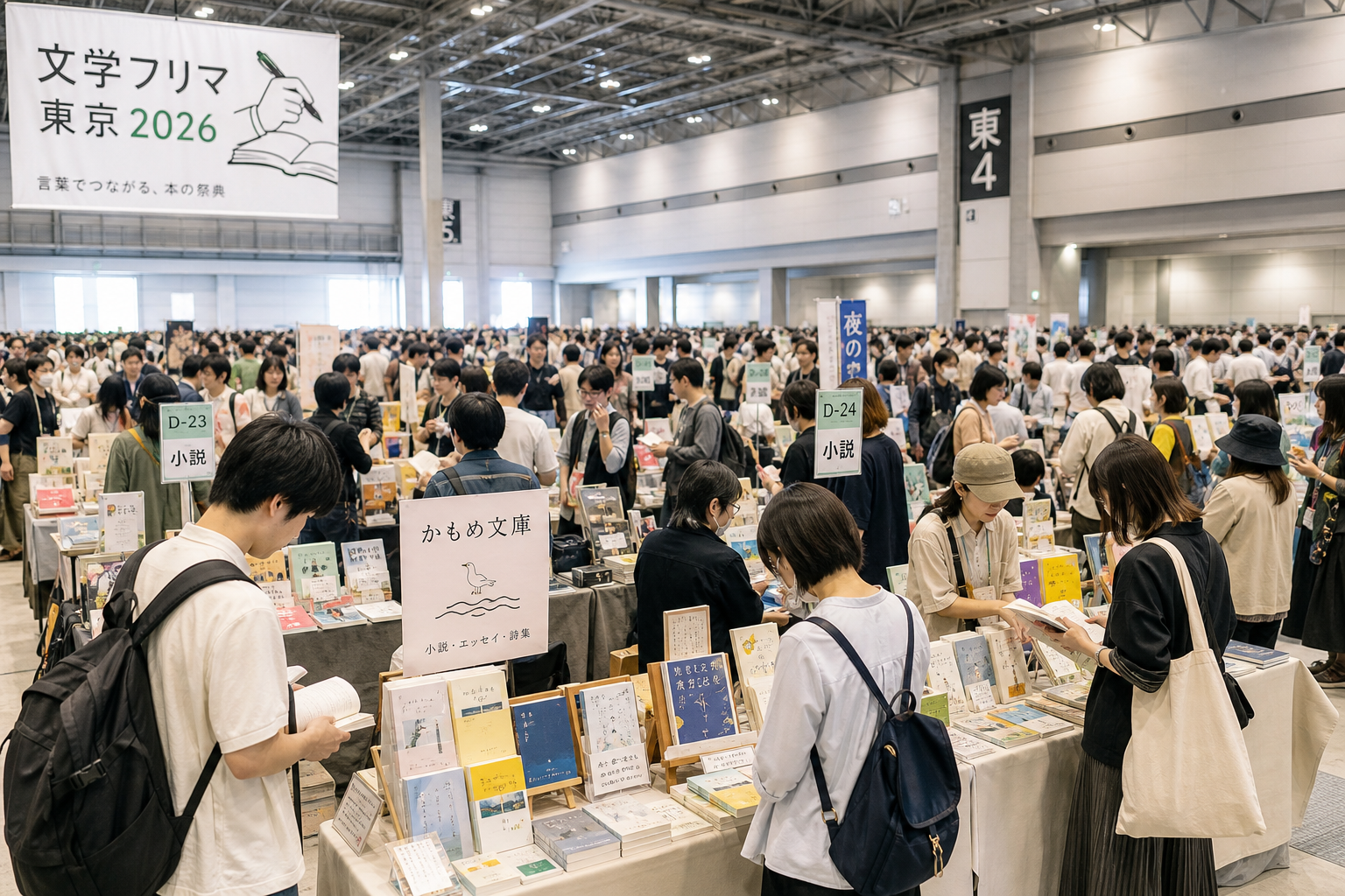 東京ビッグサイトの広い展示ホールで本を並べた文学フリマのブースを見て回る来場者たちの賑やかな光景