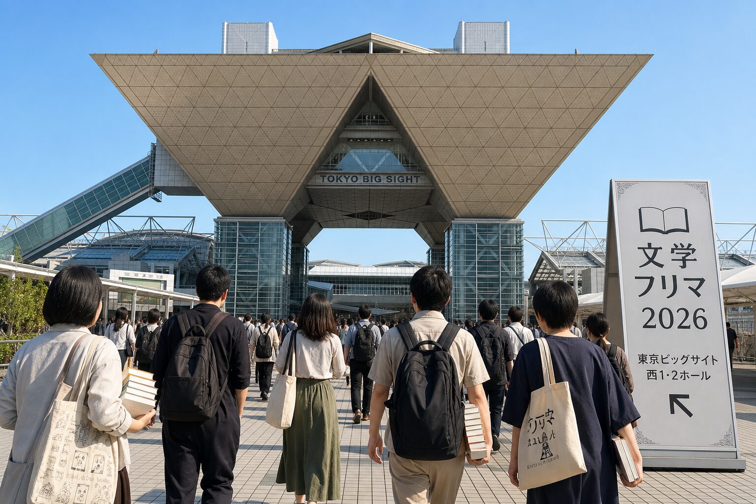 東京ビッグサイトの逆三角形の特徴的な建物外観と、それに向かって歩いていく書籍を抱えた来場者たちの後ろ姿