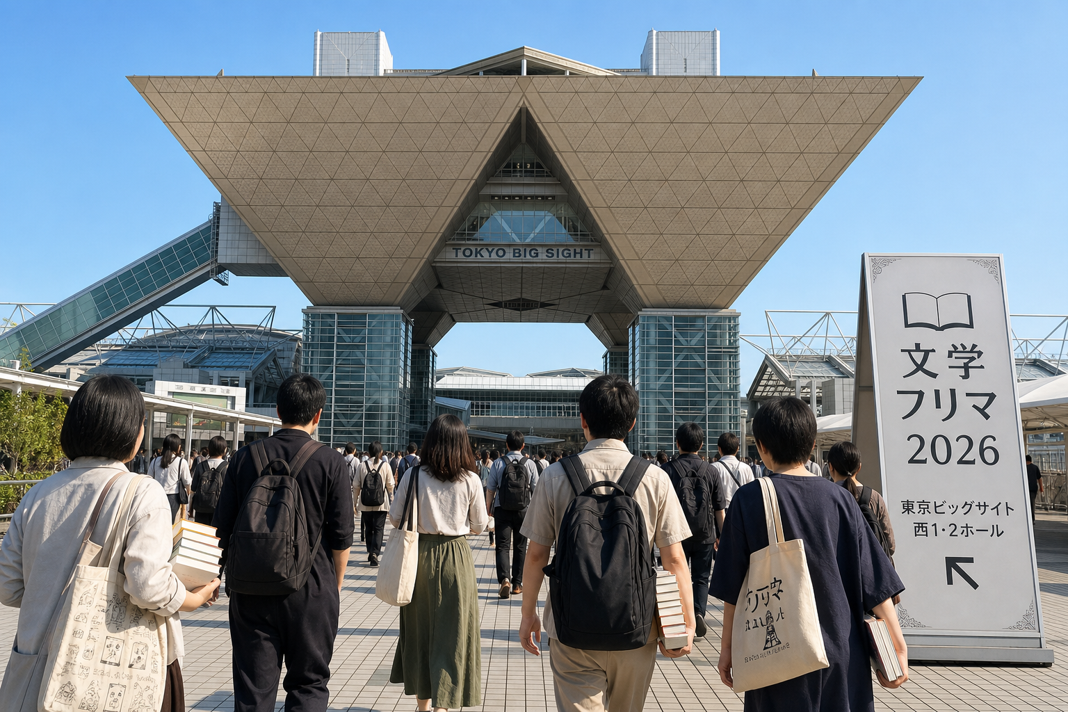 東京ビッグサイトの逆三角形の特徴的な建物外観と、それに向かって歩いていく書籍を抱えた来場者たちの後ろ姿