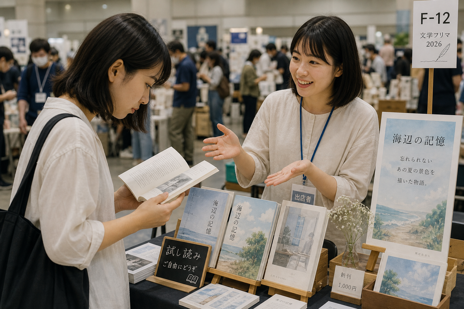 文学フリマのブースで本を手に取って真剣に試し読みする女性と、笑顔で作品について説明する作家の様子