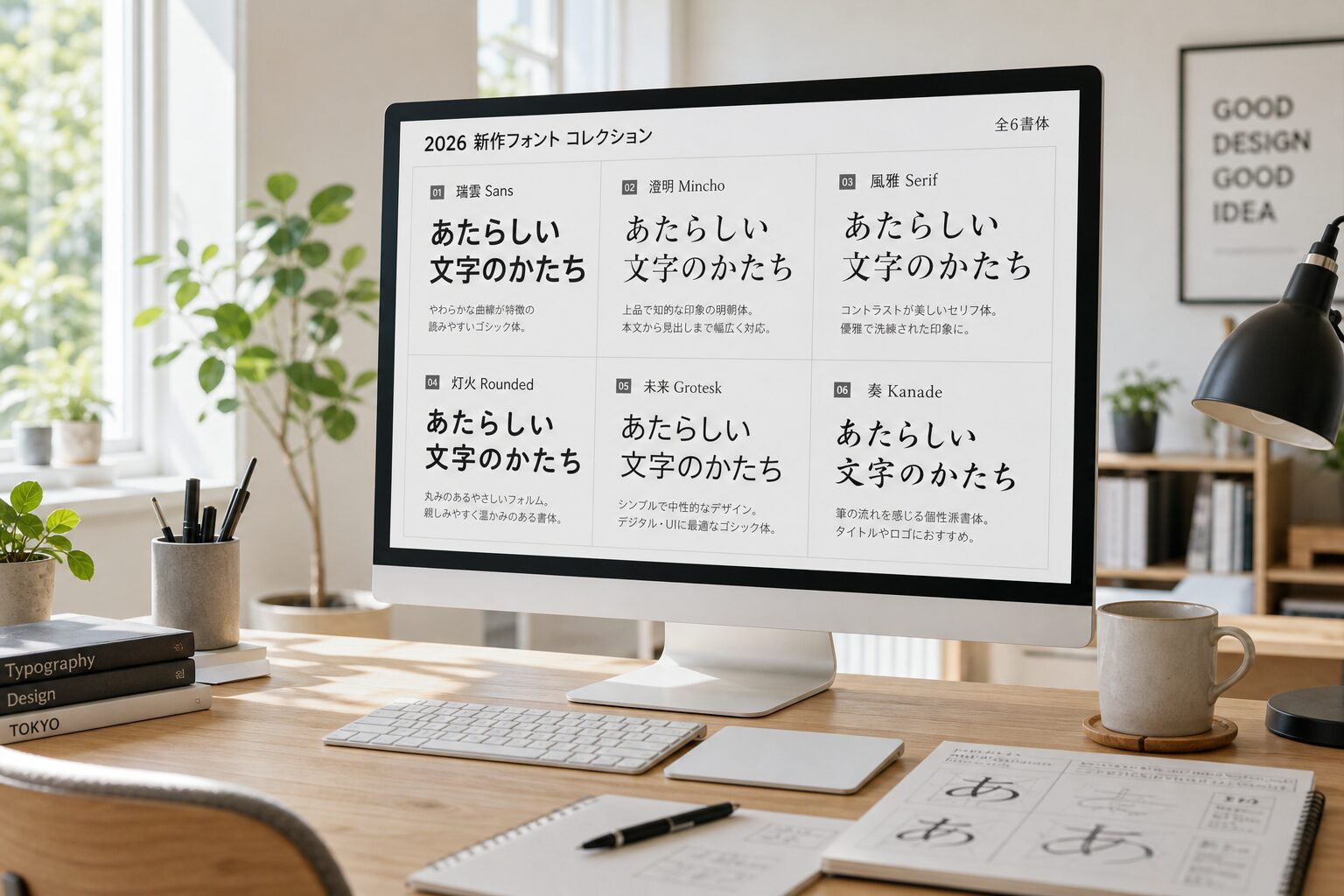 モニターに複数の日本語フォント見本が並ぶデザイナーのワークスペース。明るい自然光が差し込む北欧風オフィス
