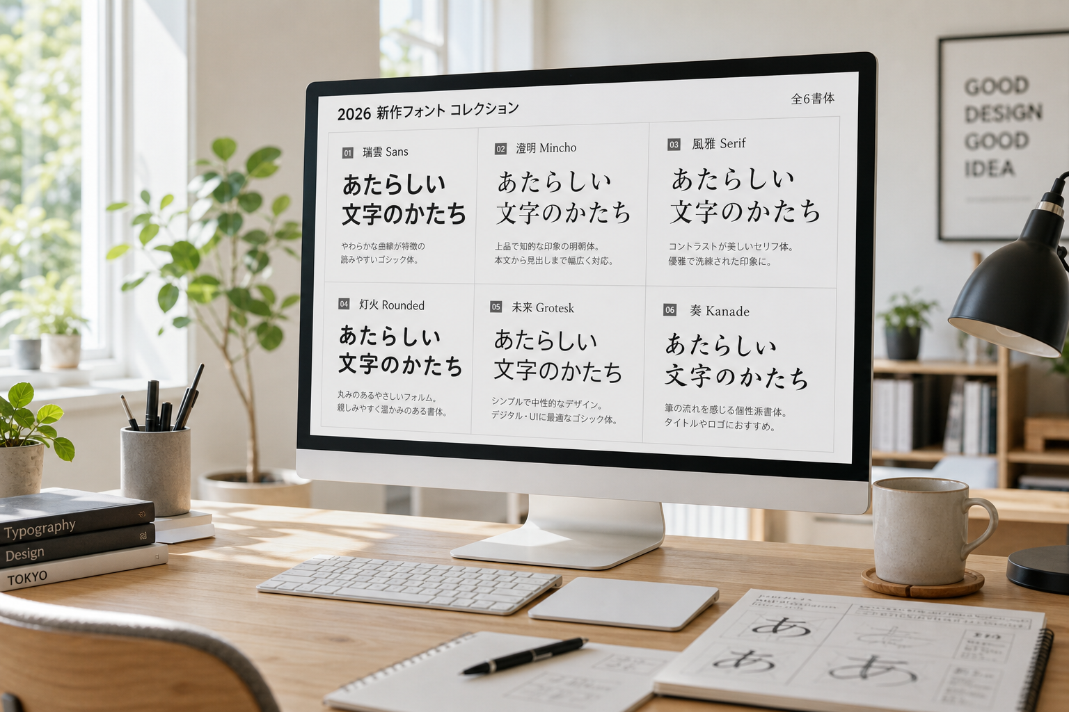 モニターに複数の日本語フォント見本が並ぶデザイナーのワークスペース。明るい自然光が差し込む北欧風オフィス